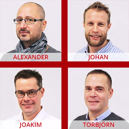 Ansiktsbilder på Sharp Kronobergs säljkår (Alexander Papamichailidis, Johan Andersson, Joakim Andersson, Torbjörn Sandberg).